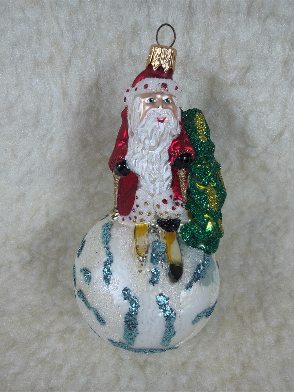 Santa Skiing Glass Ornament Holiday Hanging Decoration